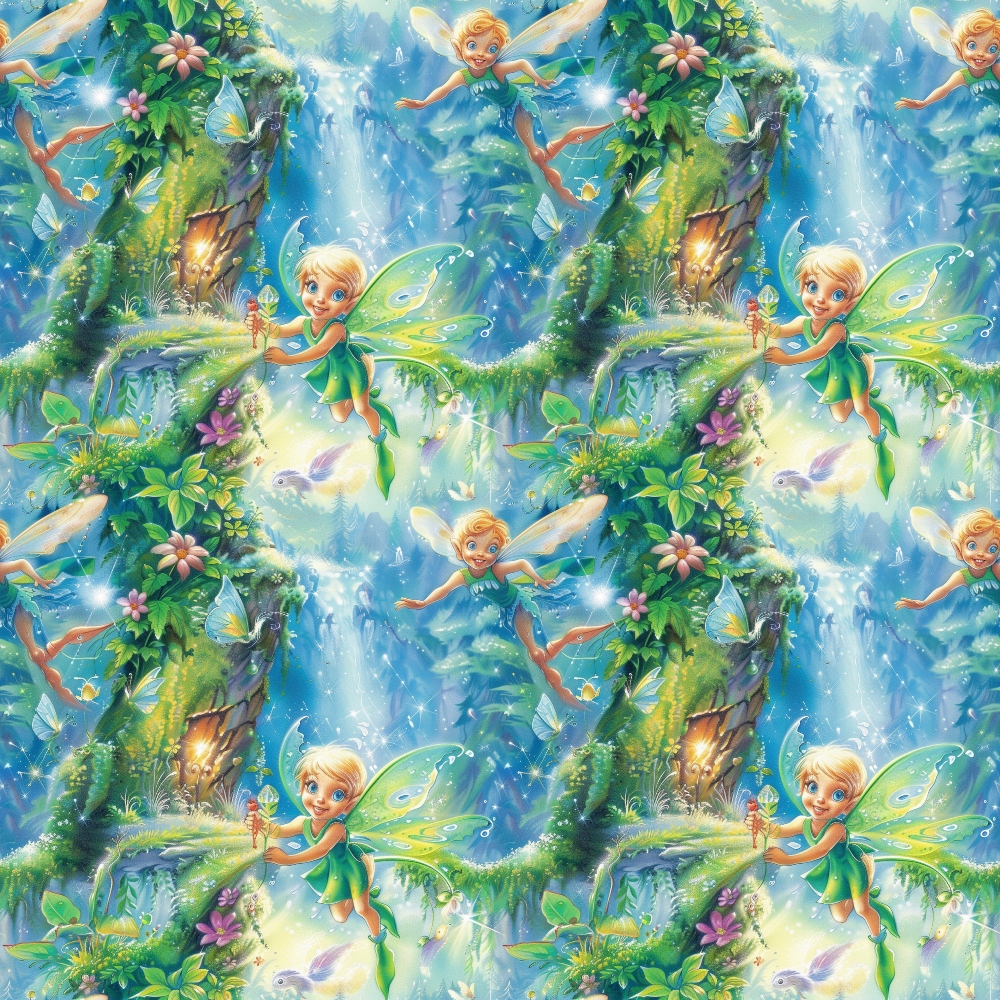 fairies, forest, magical, fantasy, blue, green, turquoise, blonde hair, wings, flowers, trees, waterfall, sparkles, whimsical, enchanted, nature scene,, fabric panel, children's theme, fairy tale