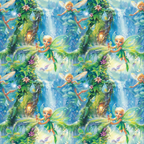 fairies, forest, magical, fantasy, blue, green, turquoise, blonde hair, wings, flowers, trees, waterfall, sparkles, whimsical, enchanted, nature scene,, fabric panel, children's theme, fairy tale