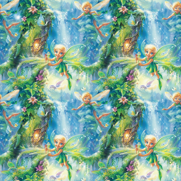 fairies, forest, magical, fantasy, blue, green, turquoise, blonde hair, wings, flowers, trees, waterfall, sparkles, whimsical, enchanted, nature scene,, fabric panel, children's theme, fairy tale