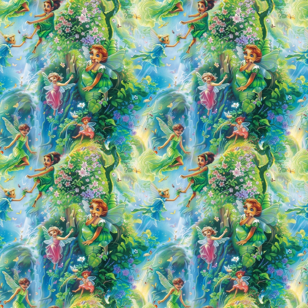 fairies, forest scene, magical creatures, winged characters, lush greenery, vibrant blues, soft purples, pink flowers, enchanted woodland, fantasy illustration,, fabric panel, whimsical art, nature elements, flowering trees, mystical atmosphere, children's theme, fairy tale design, repeating pattern, colorful illustration