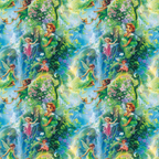 fairies, forest scene, magical creatures, winged characters, lush greenery, vibrant blues, soft purples, pink flowers, enchanted woodland, fantasy illustration,, fabric panel, whimsical art, nature elements, flowering trees, mystical atmosphere, children's theme, fairy tale design, repeating pattern, colorful illustration