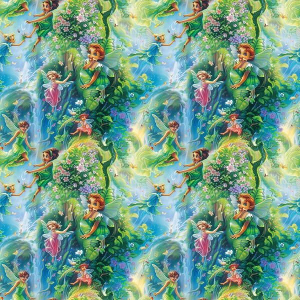 fairies, forest scene, magical creatures, winged characters, lush greenery, vibrant blues, soft purples, pink flowers, enchanted woodland, fantasy illustration,, fabric panel, whimsical art, nature elements, flowering trees, mystical atmosphere, children's theme, fairy tale design, repeating pattern, colorful illustration