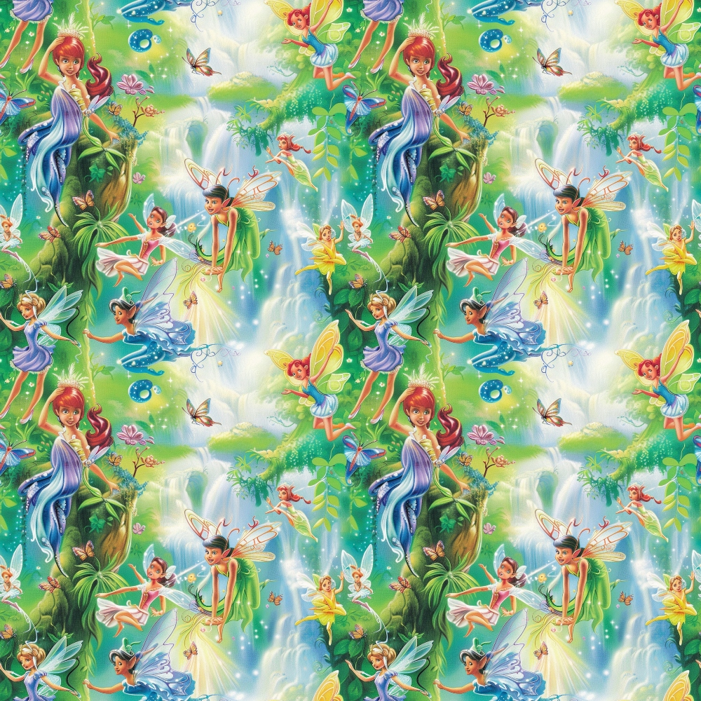 fairies, forest scene, magical creatures, green foliage, blue waterfall, purple fairy wings, yellow fairy dress, enchanted woodland, whimsical illustration, nature fantasy, mystical forest, fairy tale characters,, fabric panel, repeating pattern, children's theme, fantasy art, sparkles, magical glow, woodland spirits