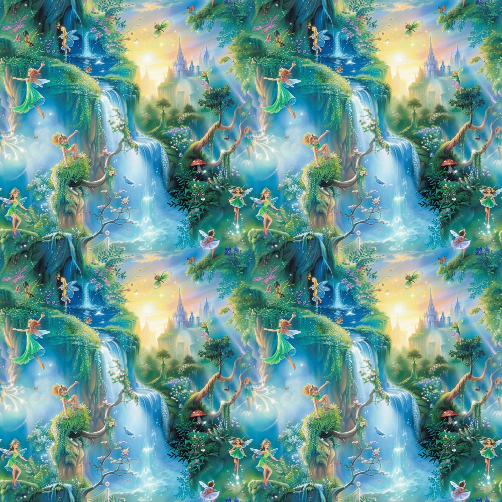 fairies, forest, magical creatures, waterfalls, castle, enchanted landscape, fantasy scene, lush greenery, blue water, golden sky, pastel colors, whimsical, dreamy atmosphere, nature elements, flowing streams, mystical beings,, fabric panel, fairy tale theme, ethereal mood