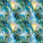 fairies, forest, magical creatures, waterfalls, castle, enchanted landscape, fantasy scene, lush greenery, blue water, golden sky, pastel colors, whimsical, dreamy atmosphere, nature elements, flowing streams, mystical beings,, fabric panel, fairy tale theme, ethereal mood