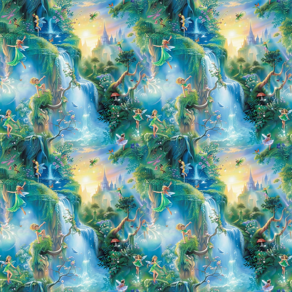 fairies, forest, magical creatures, waterfalls, castle, enchanted landscape, fantasy scene, lush greenery, blue water, golden sky, pastel colors, whimsical, dreamy atmosphere, nature elements, flowing streams, mystical beings,, fabric panel, fairy tale theme, ethereal mood