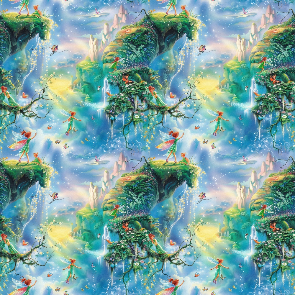fairies, forest, magical, fantasy, blue sky, green foliage, waterfalls, floating islands, whimsical, ethereal, pastel colors, turquoise, emerald green, cotton fabric, quilting panel, enchanted landscape, fairy tale, mystical, dreamy atmosphere, nature scene