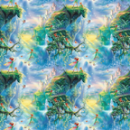 fairies, forest, magical, fantasy, blue sky, green foliage, waterfalls, floating islands, whimsical, ethereal, pastel colors, turquoise, emerald green, cotton fabric, quilting panel, enchanted landscape, fairy tale, mystical, dreamy atmosphere, nature scene