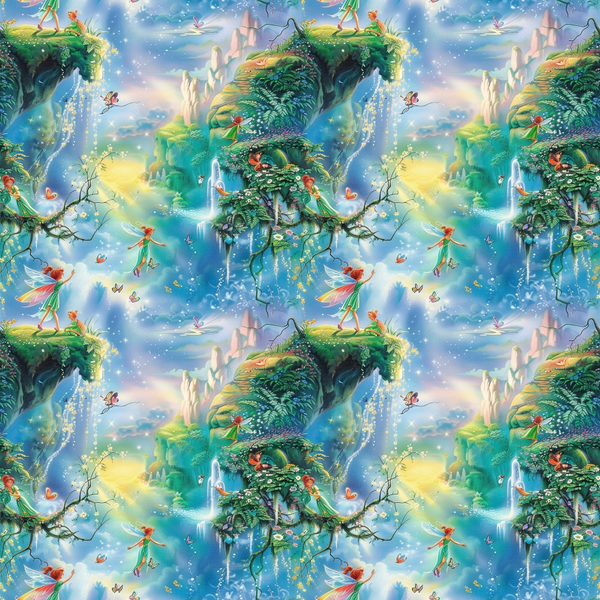 fairies, forest, magical, fantasy, blue sky, green foliage, waterfalls, floating islands, whimsical, ethereal, pastel colors, turquoise, emerald green, cotton fabric, quilting panel, enchanted landscape, fairy tale, mystical, dreamy atmosphere, nature scene