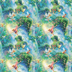 fairies, forest scene, magical creatures, winged figures, lush greenery, tropical plants, waterfalls, flowering vines, enchanted garden, mystical atmosphere, fantasy illustration,, fabric panel, emerald green, sky blue, soft pastels, whimsical design, nature motifs, fairy tale theme, repeating pattern