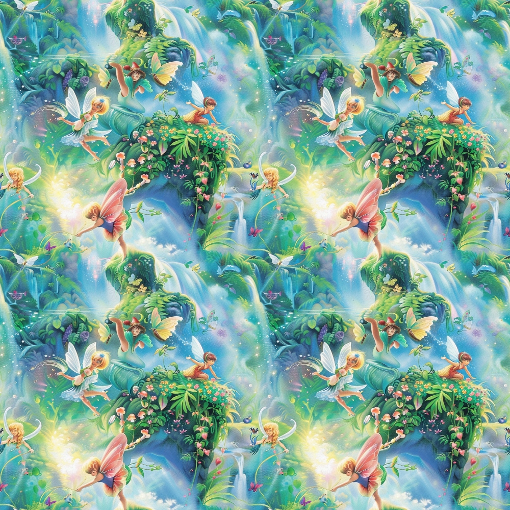 fairies, forest scene, magical creatures, winged figures, lush greenery, tropical plants, waterfalls, flowering vines, enchanted garden, mystical atmosphere, fantasy illustration,, fabric panel, emerald green, sky blue, soft pastels, whimsical design, nature motifs, fairy tale theme, repeating pattern