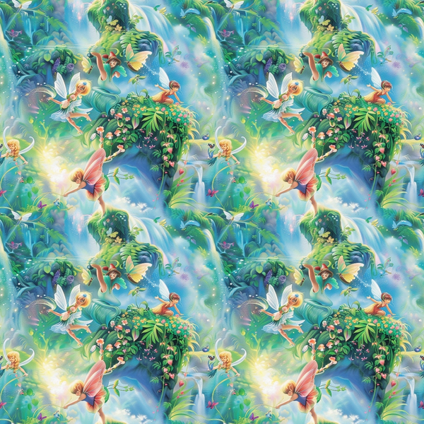 fairies, forest scene, magical creatures, winged figures, lush greenery, tropical plants, waterfalls, flowering vines, enchanted garden, mystical atmosphere, fantasy illustration,, fabric panel, emerald green, sky blue, soft pastels, whimsical design, nature motifs, fairy tale theme, repeating pattern