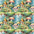 fairy houses, mushroom village, whimsical fantasy, watercolor style, enchanted forest, red toadstools, orange roofs, stone pathways, magical cottages, green foliage, blue streams, pink mushrooms, yellow caps, fairy tale scene,, fabric panel, storybook illustration, woodland setting, miniature homes, repeating pattern