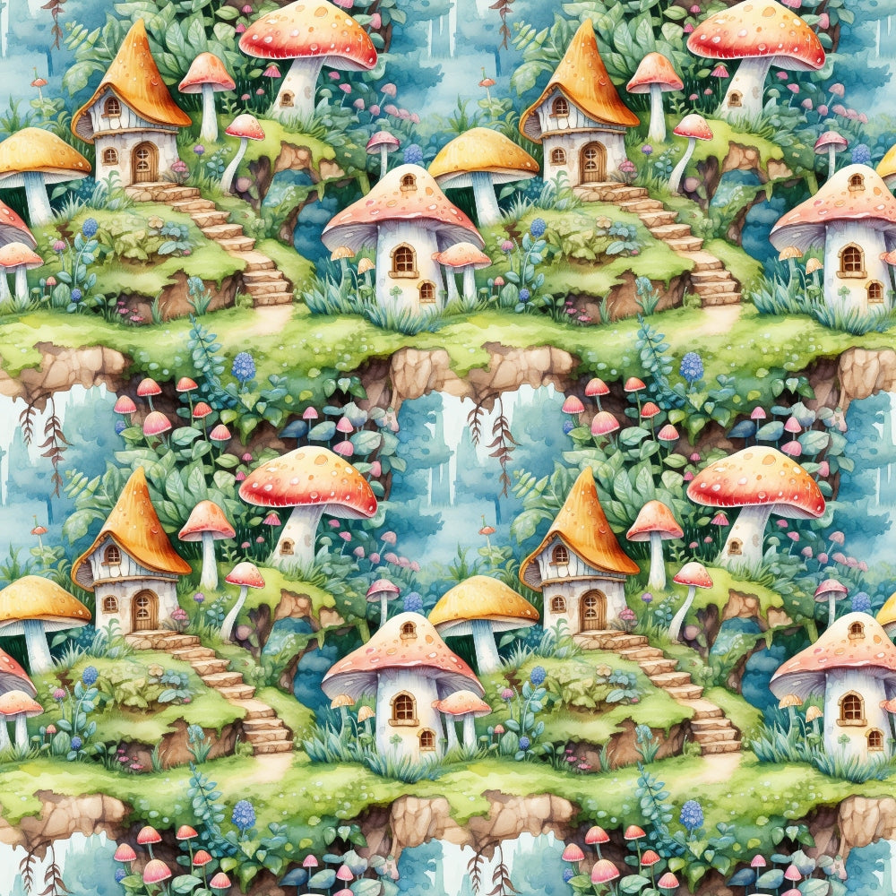 fairy houses, mushroom village, whimsical fantasy, watercolor style, enchanted forest, red toadstools, orange roofs, stone pathways, magical cottages, green foliage, blue streams, pink mushrooms, yellow caps, fairy tale scene,, fabric panel, storybook illustration, woodland setting, miniature homes, repeating pattern