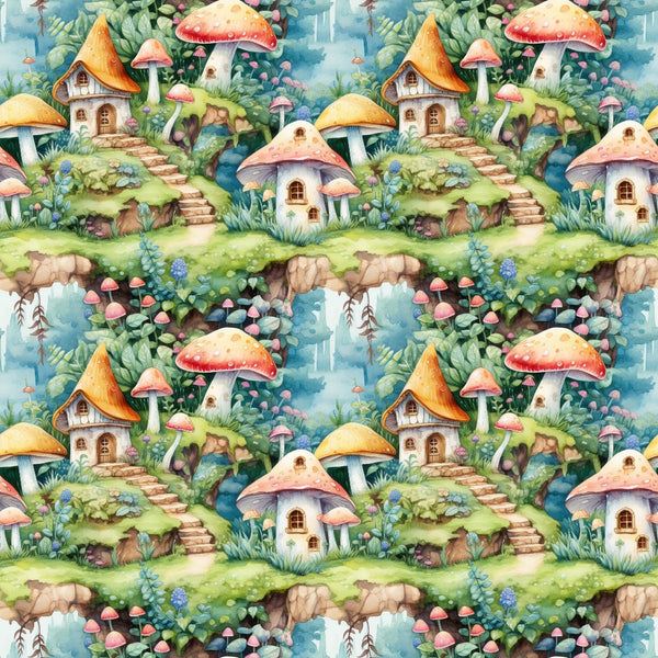 fairy houses, mushroom village, whimsical fantasy, watercolor style, enchanted forest, red toadstools, orange roofs, stone pathways, magical cottages, green foliage, blue streams, pink mushrooms, yellow caps, fairy tale scene,, fabric panel, storybook illustration, woodland setting, miniature homes, repeating pattern