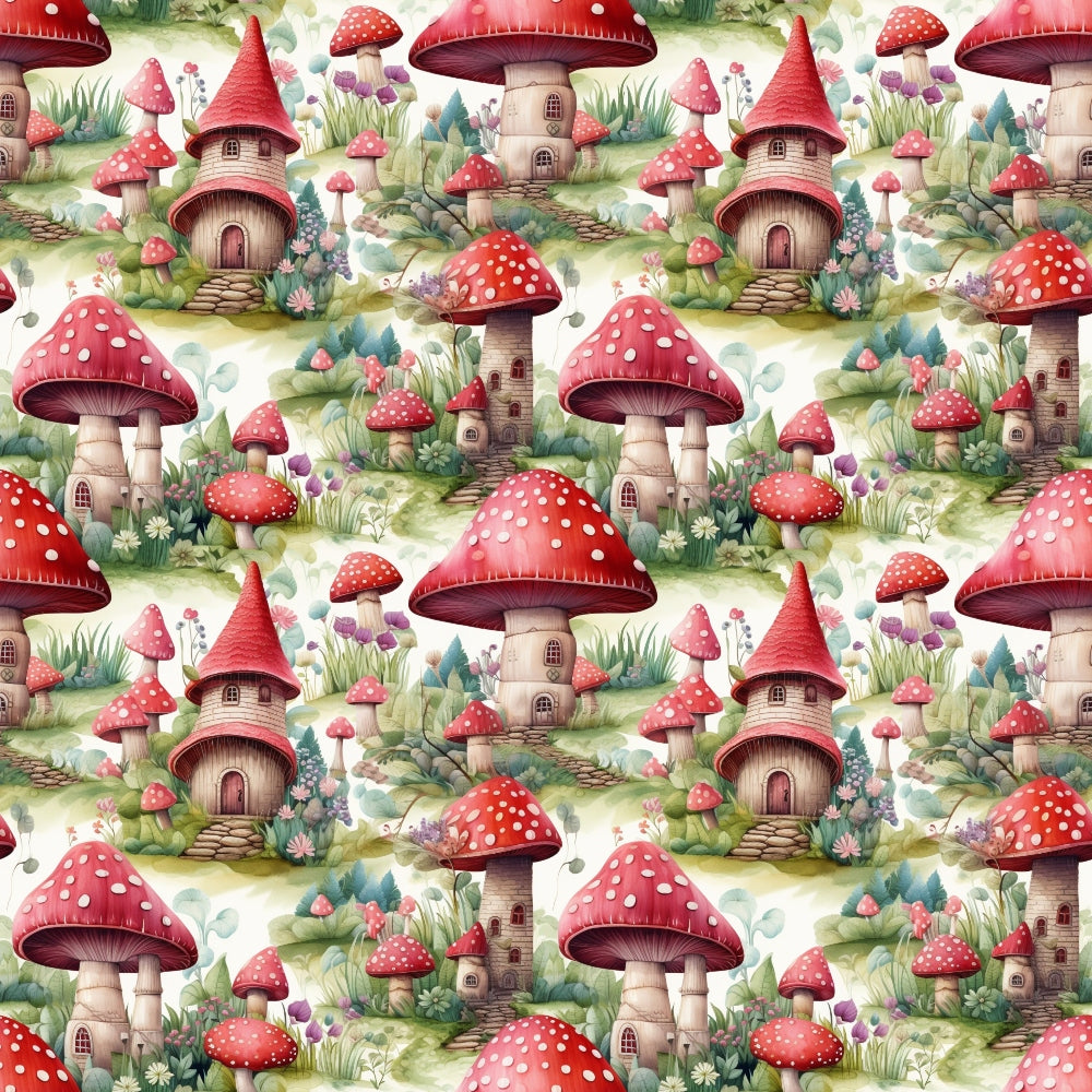 fairy houses, mushroom homes, red toadstools, white polka dots, whimsical village, fantasy cottages, enchanted forest,, repeating pattern, watercolor style, magical dwellings, garden scene, fairy tale theme, craft fabric, sewing material, children's fabric, storybook illustration, woodland creatures, cottage core, fantasy art