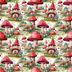 fairy houses, mushroom homes, red toadstools, white polka dots, whimsical village, fantasy cottages, enchanted forest,, repeating pattern, watercolor style, magical dwellings, garden scene, fairy tale theme, craft fabric, sewing material, children's fabric, storybook illustration, woodland creatures, cottage core, fantasy art