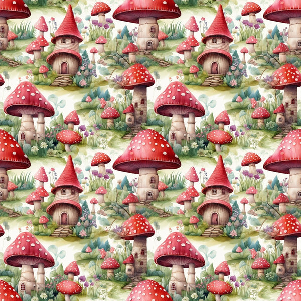 fairy houses, mushroom homes, red toadstools, white polka dots, whimsical village, fantasy cottages, enchanted forest,, repeating pattern, watercolor style, magical dwellings, garden scene, fairy tale theme, craft fabric, sewing material, children's fabric, storybook illustration, woodland creatures, cottage core, fantasy art