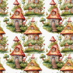 fairy houses, mushroom homes, whimsical cottages, red roofs, green foliage, watercolor style, enchanted village, fantasy dwellings, coral pink, sage green, woodland scene, repeating pattern,, fabric panel, magical motif, storybook illustration, nature elements, cottage core, fairy tale theme