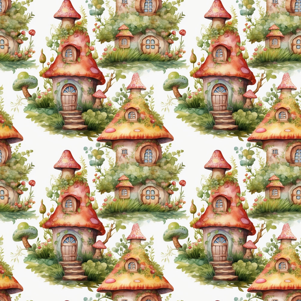 fairy houses, mushroom homes, whimsical cottages, red roofs, green foliage, watercolor style, enchanted village, fantasy dwellings, coral pink, sage green, woodland scene, repeating pattern,, fabric panel, magical motif, storybook illustration, nature elements, cottage core, fairy tale theme