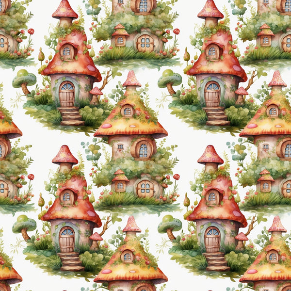 fairy houses, mushroom homes, whimsical cottages, red roofs, green foliage, watercolor style, enchanted village, fantasy dwellings, coral pink, sage green, woodland scene, repeating pattern,, fabric panel, magical motif, storybook illustration, nature elements, cottage core, fairy tale theme