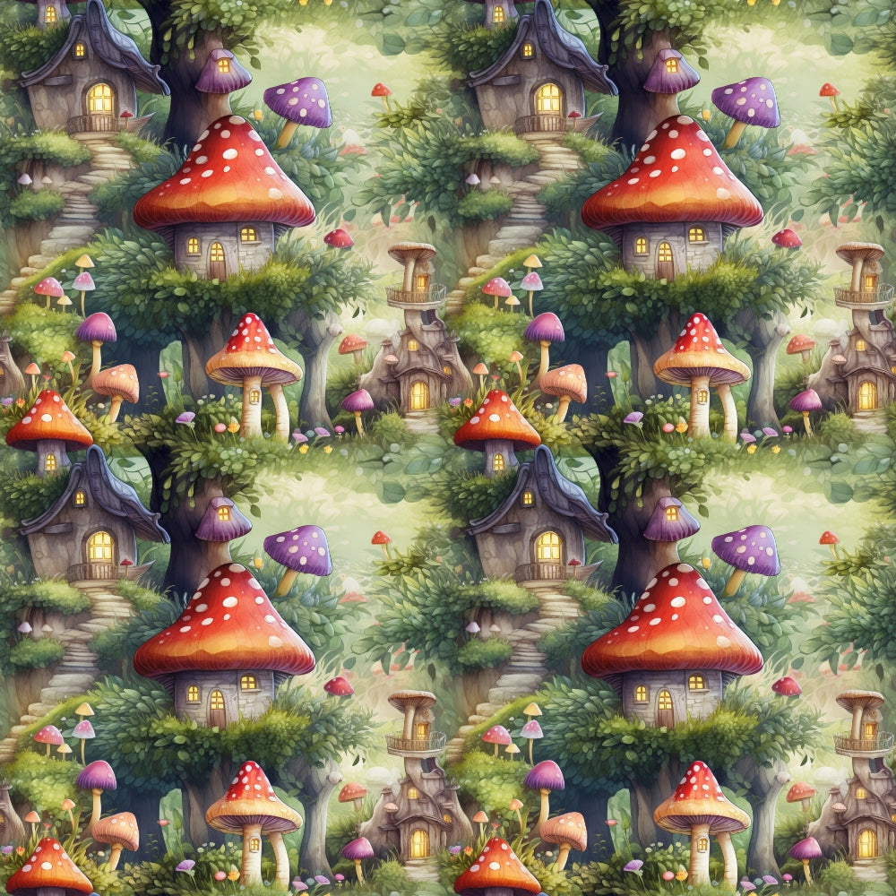 fairy houses, mushroom homes, whimsical village, enchanted forest, red toadstools, purple mushrooms, glowing windows, magical cottages, fantasy scene, emerald green, crimson red, violet purple, warm yellow lights,, fabric panel, repeating pattern, storybook illustration, woodland fantasy, fairy tale theme, children's fabric