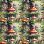 fairy houses, mushroom homes, whimsical village, enchanted forest, red toadstools, purple mushrooms, glowing windows, magical cottages, fantasy scene, emerald green, crimson red, violet purple, warm yellow lights,, fabric panel, repeating pattern, storybook illustration, woodland fantasy, fairy tale theme, children's fabric