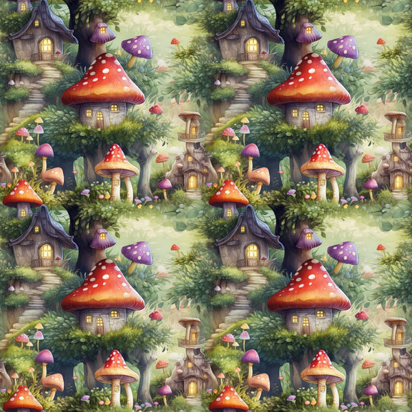 fairy houses, mushroom homes, whimsical village, enchanted forest, red toadstools, purple mushrooms, glowing windows, magical cottages, fantasy scene, emerald green, crimson red, violet purple, warm yellow lights,, fabric panel, repeating pattern, storybook illustration, woodland fantasy, fairy tale theme, children's fabric