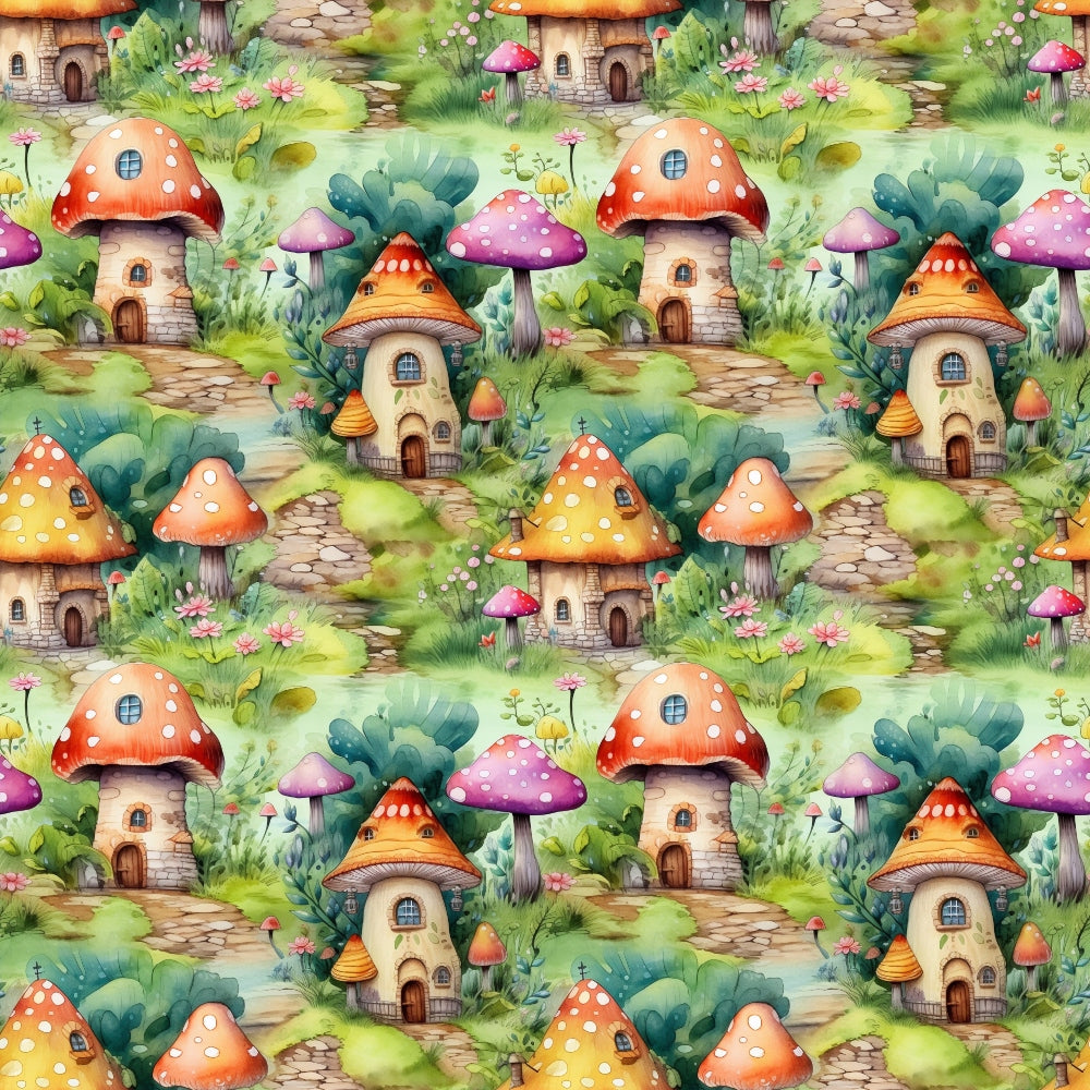 fairy houses, mushroom homes, whimsical village, fantasy cottages, orange mushrooms, pink mushrooms, polka dot toadstools, stone pathways, green foliage, watercolor style, magical forest, enchanted scene,, fabric panel, children's fabric, storybook illustration, repeating pattern, fairy tale theme, woodland creatures, cottage core