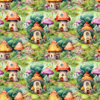 fairy houses, mushroom homes, whimsical village, fantasy cottages, orange mushrooms, pink mushrooms, polka dot toadstools, stone pathways, green foliage, watercolor style, magical forest, enchanted scene,, fabric panel, children's fabric, storybook illustration, repeating pattern, fairy tale theme, woodland creatures, cottage core