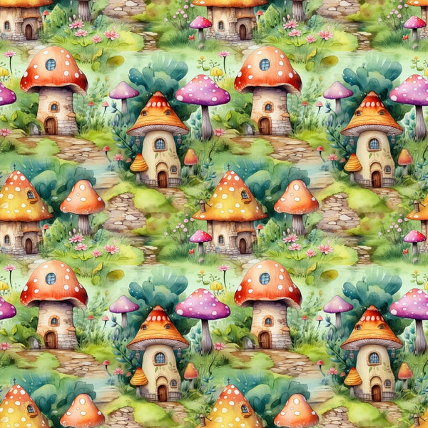 fairy houses, mushroom homes, whimsical village, fantasy cottages, orange mushrooms, pink mushrooms, polka dot toadstools, stone pathways, green foliage, watercolor style, magical forest, enchanted scene,, fabric panel, children's fabric, storybook illustration, repeating pattern, fairy tale theme, woodland creatures, cottage core