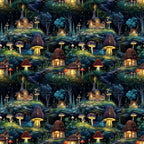 fairy houses, mushroom houses, enchanted forest, whimsical cottages, magical village, deep blue, emerald green, golden yellow, warm orange, purple mushrooms, red toadstools, glowing windows, starry night, fantasy landscape,, repeating pattern, storybook illustration, mystical scene, forest dwellings, fairy tale motif