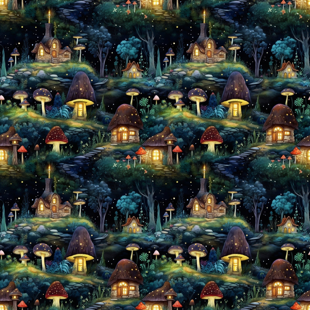 fairy houses, mushroom houses, enchanted forest, whimsical cottages, magical village, deep blue, emerald green, golden yellow, warm orange, purple mushrooms, red toadstools, glowing windows, starry night, fantasy landscape,, repeating pattern, storybook illustration, mystical scene, forest dwellings, fairy tale motif
