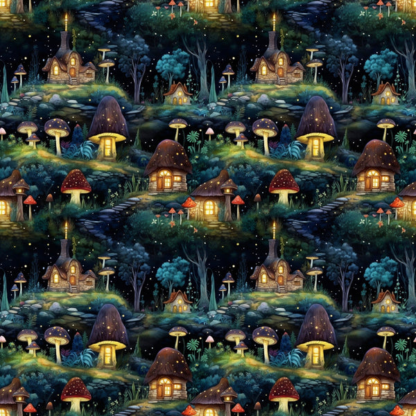 fairy houses, mushroom houses, enchanted forest, whimsical cottages, magical village, deep blue, emerald green, golden yellow, warm orange, purple mushrooms, red toadstools, glowing windows, starry night, fantasy landscape,, repeating pattern, storybook illustration, mystical scene, forest dwellings, fairy tale motif