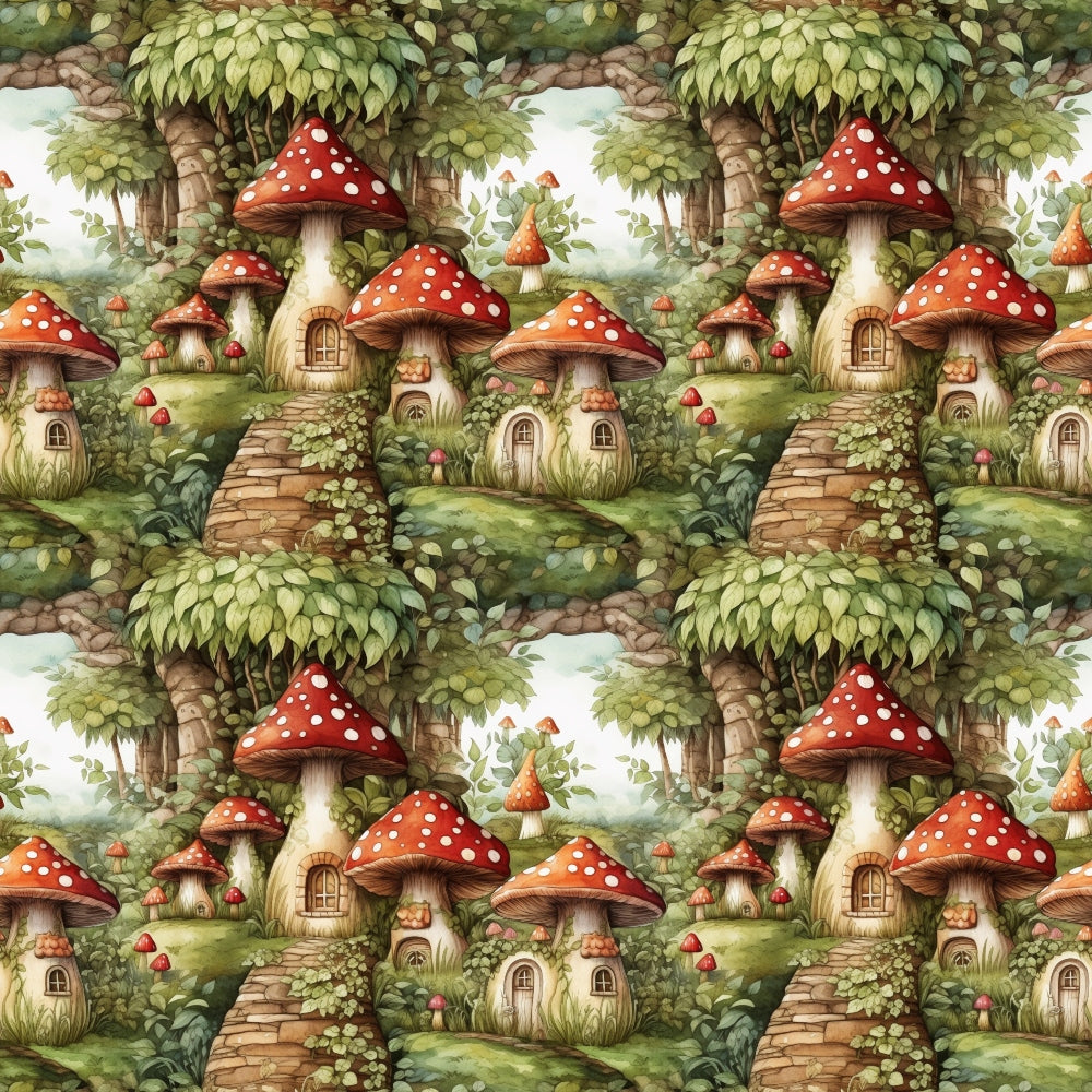 red mushrooms, white polka dots, fairy houses, forest scene, green foliage, stone pathways, whimsical cottages, enchanted village, toadstool homes, botanical elements, earthy tones, fantasy landscape,, fabric panel, magical dwellings, woodland setting, repeating pattern, storybook illustration, nature motifs