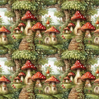 red mushrooms, white polka dots, fairy houses, forest scene, green foliage, stone pathways, whimsical cottages, enchanted village, toadstool homes, botanical elements, earthy tones, fantasy landscape,, fabric panel, magical dwellings, woodland setting, repeating pattern, storybook illustration, nature motifs