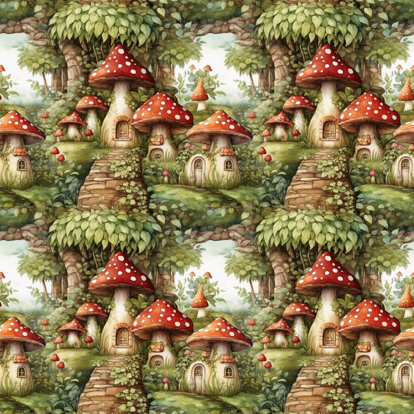 red mushrooms, white polka dots, fairy houses, forest scene, green foliage, stone pathways, whimsical cottages, enchanted village, toadstool homes, botanical elements, earthy tones, fantasy landscape,, fabric panel, magical dwellings, woodland setting, repeating pattern, storybook illustration, nature motifs