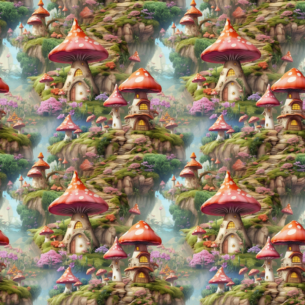 fairy houses, mushroom homes, fantasy village, whimsical cottages, red spotted mushrooms, coral pink, sage green, moss covered rocks, magical landscape, enchanted forest, fairy tale scene,, fabric panel, storybook illustration, cascading waterfalls, blooming flowers, purple blossoms, glowing windows, mystical dwellings, repetitive pattern