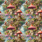 fairy houses, mushroom homes, fantasy village, whimsical cottages, red spotted mushrooms, coral pink, sage green, moss covered rocks, magical landscape, enchanted forest, fairy tale scene,, fabric panel, storybook illustration, cascading waterfalls, blooming flowers, purple blossoms, glowing windows, mystical dwellings, repetitive pattern