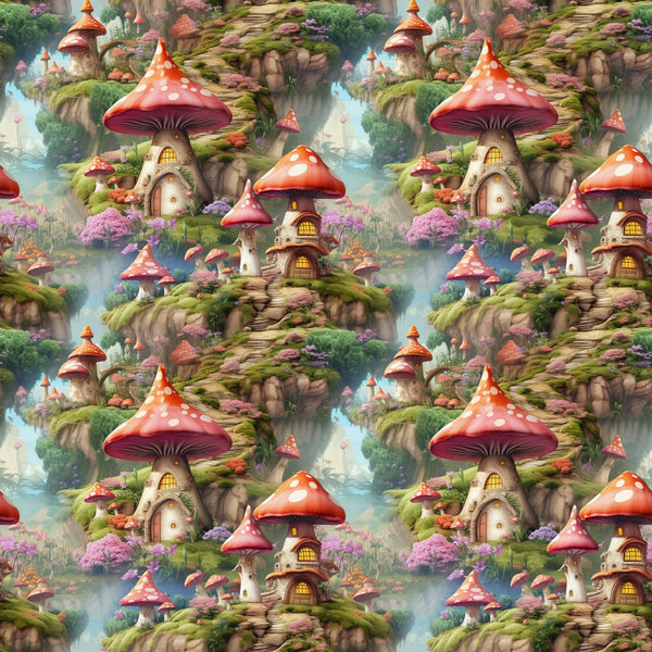 fairy houses, mushroom homes, fantasy village, whimsical cottages, red spotted mushrooms, coral pink, sage green, moss covered rocks, magical landscape, enchanted forest, fairy tale scene,, fabric panel, storybook illustration, cascading waterfalls, blooming flowers, purple blossoms, glowing windows, mystical dwellings, repetitive pattern