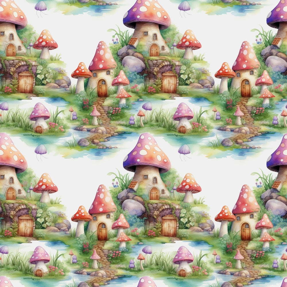 fairy houses, mushroom houses, whimsical village, watercolor style, pastel colors, pink mushrooms, purple mushrooms, orange mushrooms, stone bridges, flowing streams, fantasy cottages, enchanted forest, magical landscape,, fabric panel, fairy tale theme, spotted mushrooms, wooden doors, garden scene, repeating pattern