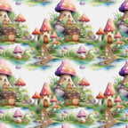 fairy houses, mushroom houses, whimsical village, watercolor style, pastel colors, pink mushrooms, purple mushrooms, orange mushrooms, stone bridges, flowing streams, fantasy cottages, enchanted forest, magical landscape,, fabric panel, fairy tale theme, spotted mushrooms, wooden doors, garden scene, repeating pattern