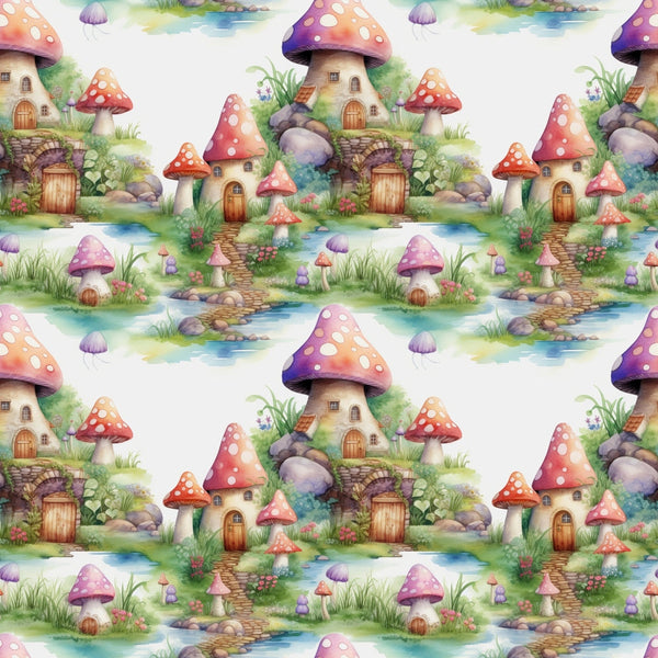 fairy houses, mushroom houses, whimsical village, watercolor style, pastel colors, pink mushrooms, purple mushrooms, orange mushrooms, stone bridges, flowing streams, fantasy cottages, enchanted forest, magical landscape,, fabric panel, fairy tale theme, spotted mushrooms, wooden doors, garden scene, repeating pattern