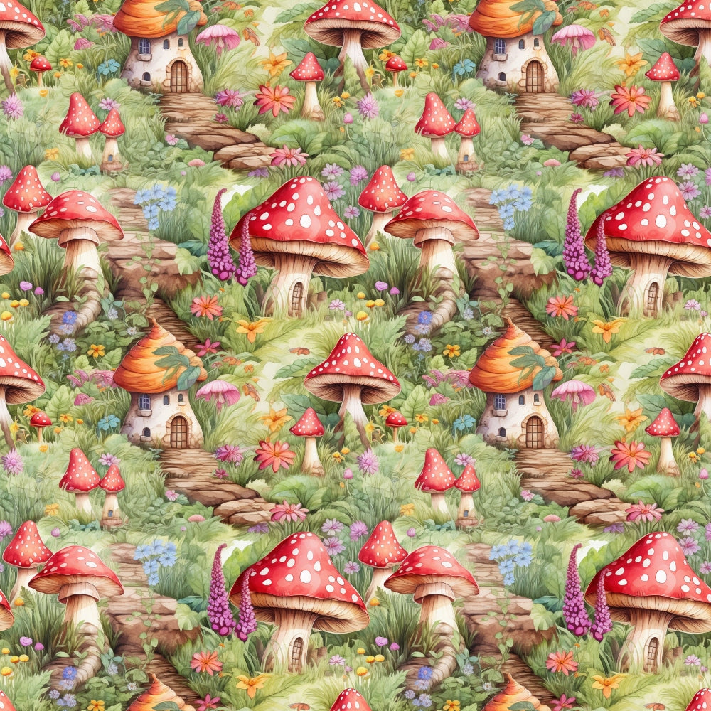 red mushrooms, white polka dots, fairy houses, whimsical cottages, forest scene, woodland fantasy, green foliage, colorful flowers, stone pathways, enchanted garden,, seamless pattern, children's fabric, storybook illustration, pink blossoms, purple flowers, orange carrots, magical village, nature motifs, fairy tale theme