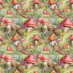 red mushrooms, white polka dots, fairy houses, whimsical cottages, forest scene, woodland fantasy, green foliage, colorful flowers, stone pathways, enchanted garden,, seamless pattern, children's fabric, storybook illustration, pink blossoms, purple flowers, orange carrots, magical village, nature motifs, fairy tale theme