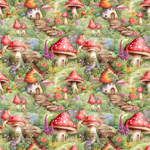 red mushrooms, white polka dots, fairy houses, whimsical cottages, forest scene, woodland fantasy, green foliage, colorful flowers, stone pathways, enchanted garden,, seamless pattern, children's fabric, storybook illustration, pink blossoms, purple flowers, orange carrots, magical village, nature motifs, fairy tale theme