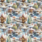 whimsical fairy houses, mushroom homes, winter snow scene, red spotted mushrooms, evergreen trees, stone pathways, warm yellow windows, fairy tale cottages, enchanted forest, snow-covered landscape,, fabric panel, fantasy illustration, woodland scene, cozy village, magical dwellings, repetitive pattern, children's fabric, craft material, sewing supplies