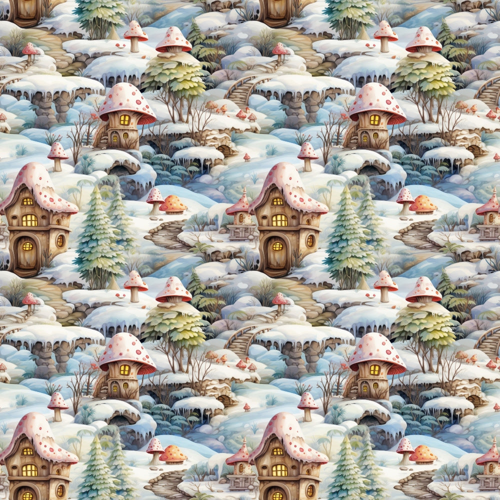 whimsical fairy houses, mushroom homes, winter snow scene, red spotted mushrooms, evergreen trees, stone pathways, warm yellow windows, fairy tale cottages, enchanted forest, snow-covered landscape,, fabric panel, fantasy illustration, woodland scene, cozy village, magical dwellings, repetitive pattern, children's fabric, craft material, sewing supplies