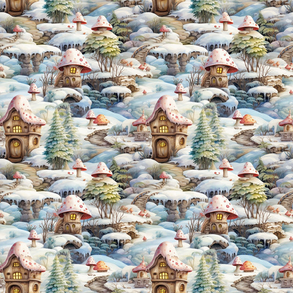 whimsical fairy houses, mushroom homes, winter snow scene, red spotted mushrooms, evergreen trees, stone pathways, warm yellow windows, fairy tale cottages, enchanted forest, snow-covered landscape,, fabric panel, fantasy illustration, woodland scene, cozy village, magical dwellings, repetitive pattern, children's fabric, craft material, sewing supplies
