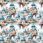 fairy houses, whimsical cottages, blue roofs, mushroom homes, red toadstools, stone bridges, watercolor style, fantasy village, enchanted scene,, fabric panel, soft pastels, cream background, magical dwellings, storybook illustration, repeating pattern, winter scene, snowy landscape, fairy tale motif, children's fabric